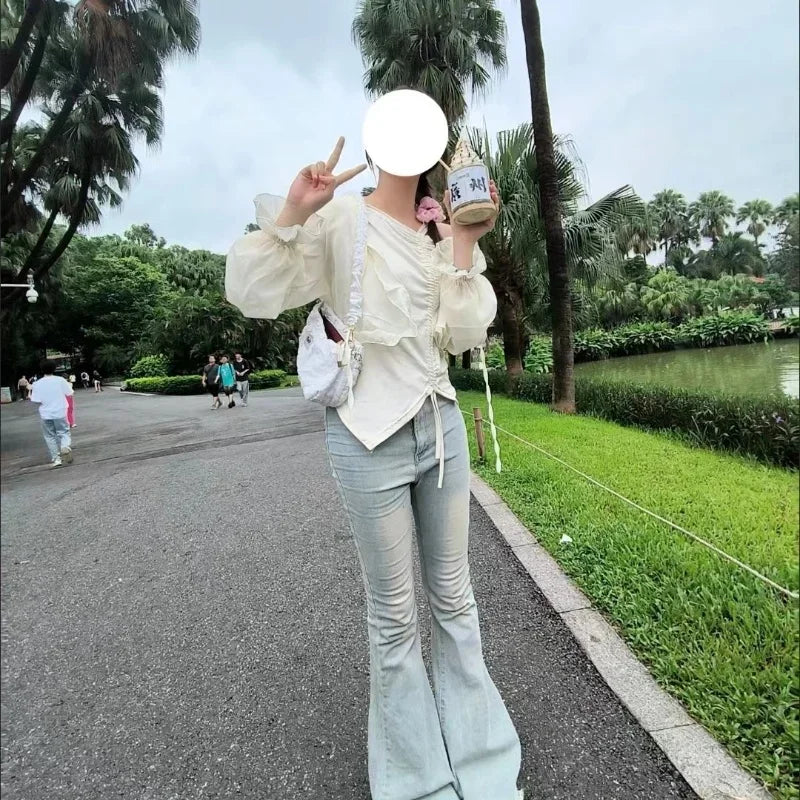 Women Spring Autumn Cotton Flare Sleeve T Shirts Solid Bodycone Basic Long Sleeve Crop Tops Casual Shirring Off-shoulder Tees