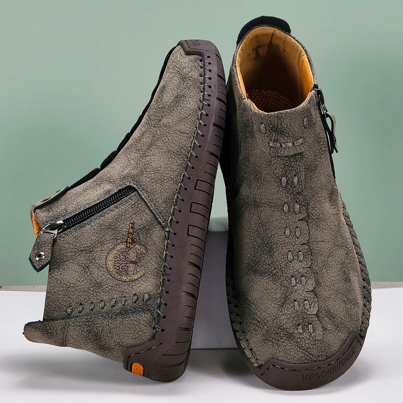 New Classic Handmade Leather Men Shoes Zipper Design Outdoor Sneakers Slip On Casual Shoes Leather Breathable Men Ankle Boots