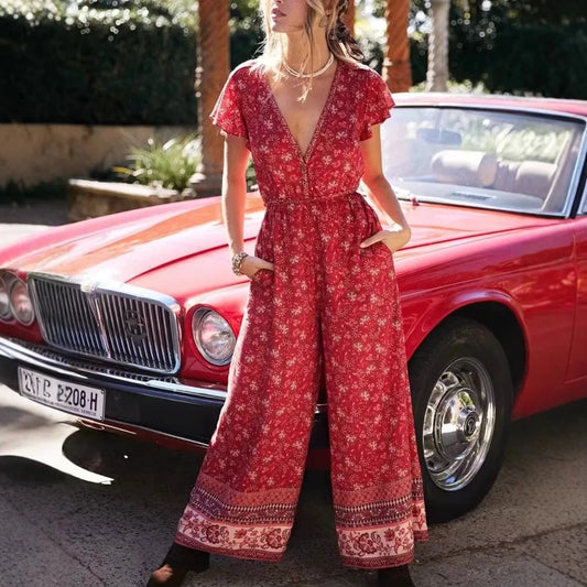 Happie Queens Women Floral Print Lace-up Boho Bodysuits with Pokctes Elastic Waist Short Sleeve Bohemian Rayon Playsuits Rompers