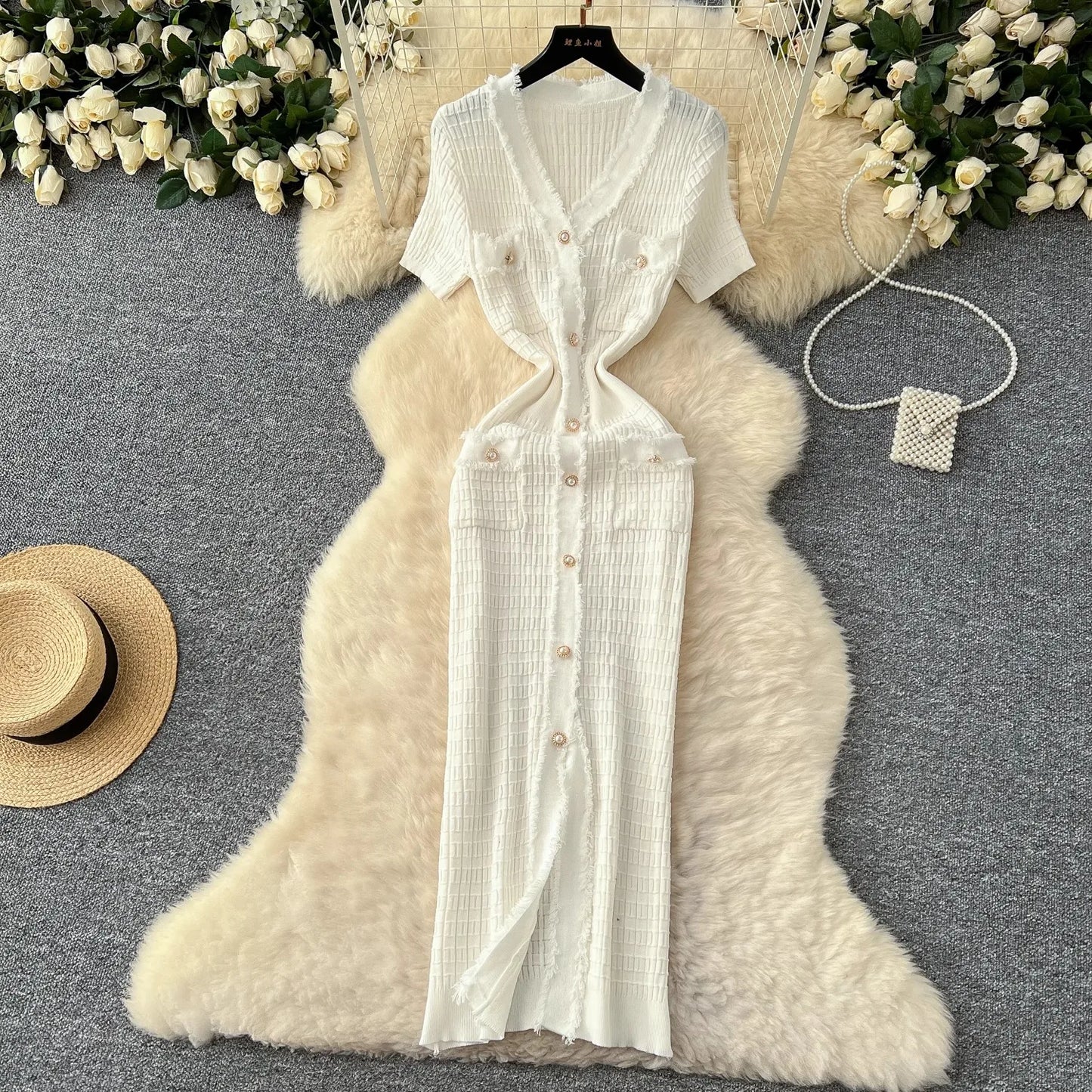 YuooMuoo Women Dress Elegant V-neck Slim Waist Wrap Hips Bodycon Sweater Dress Chic Single-breasted Office Lady Long Shirt Dress