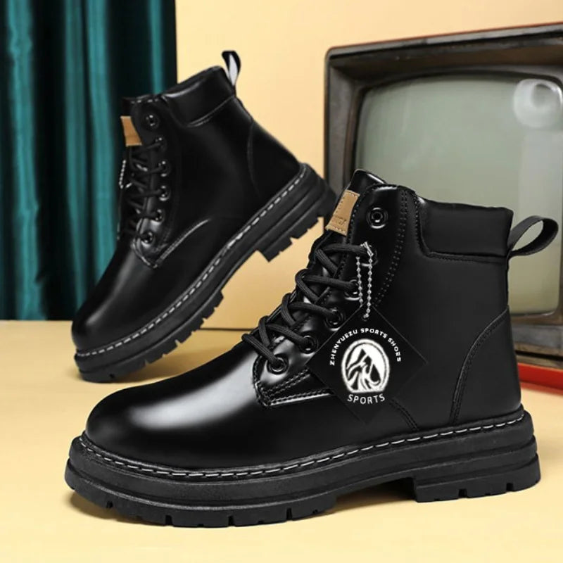 2025*High Top Boots Men's Leather Shoes Fashion Motorcycle Ankle Boots for Men Winter Boots Man Shoes Lace-Up Botas Hombre