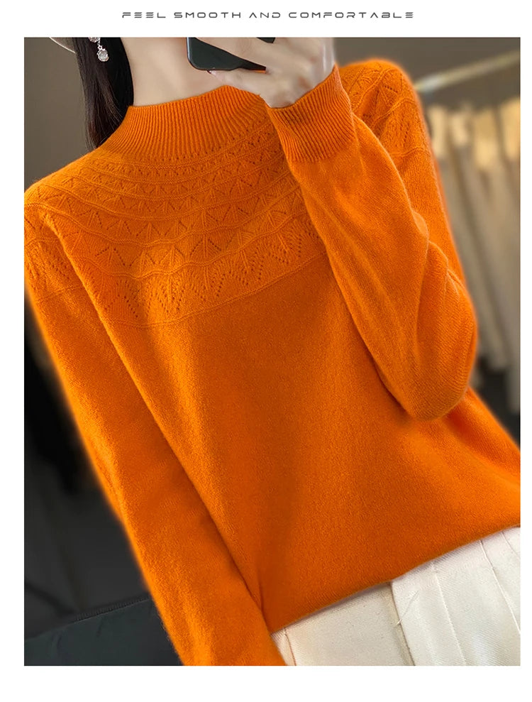 2024 New Line Of Garment Hollowed Out Half Height Women's High-grade Woolen Sweater 100% Pure Wool Multi-color Option WQ