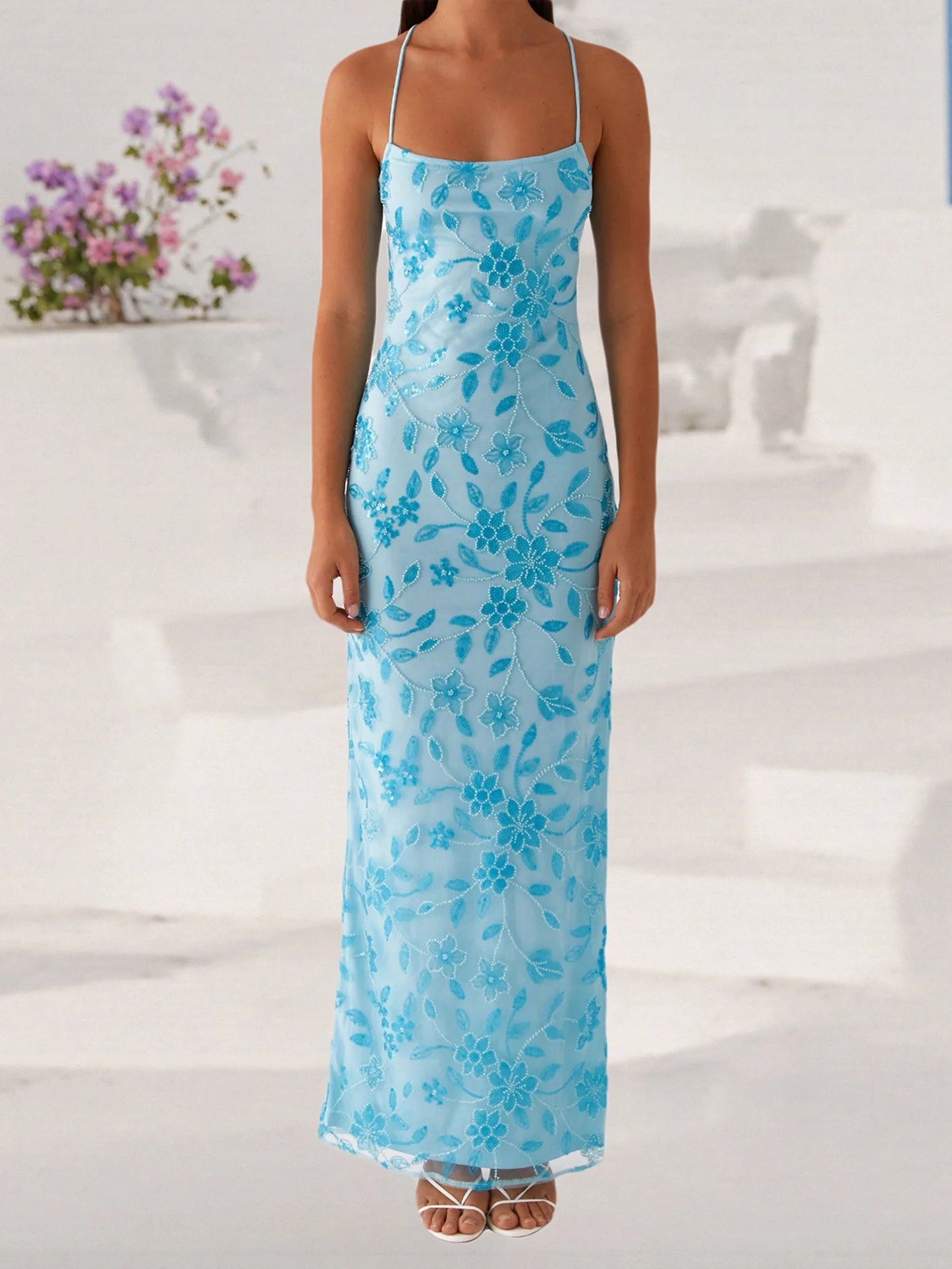 2025 Women Beaded Flower Cami Dress Slim Glitter Sequin High Split Spaghetti Strap Open Back Long Dress for Party Club Vestidos