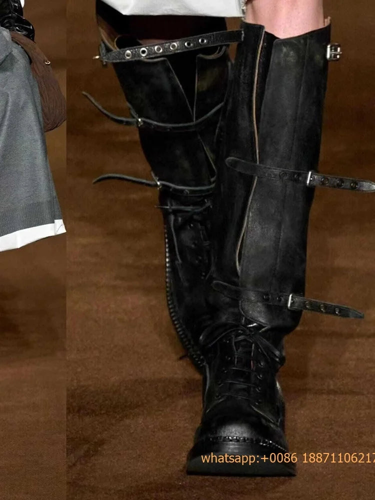 Genuine Leather Ladies Knight Boots 2025 Autumn Belt Buckle Model Catwalk Casual Long Boots Black/brown Thick Heel Casual Boots
