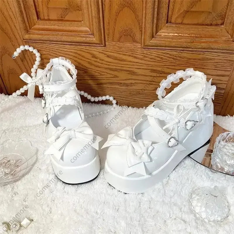 Lace Bowknot White Lolita Shoes for Women 2025 Heart Buckle Platform Mary Janes Woman Japanese Style Patent Leather Jk Shoes