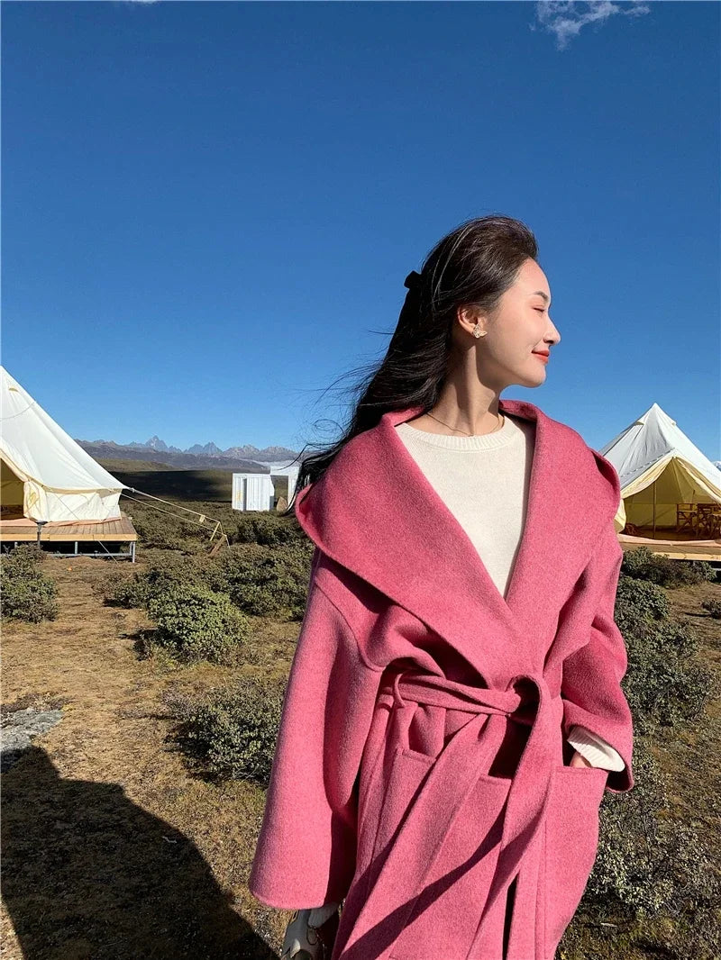 2024 Mid-Length Autumn and Winter Hooded Double Sided Cotton Cashmere Coat Female 100% Wool Loose Thick Woolen Coat