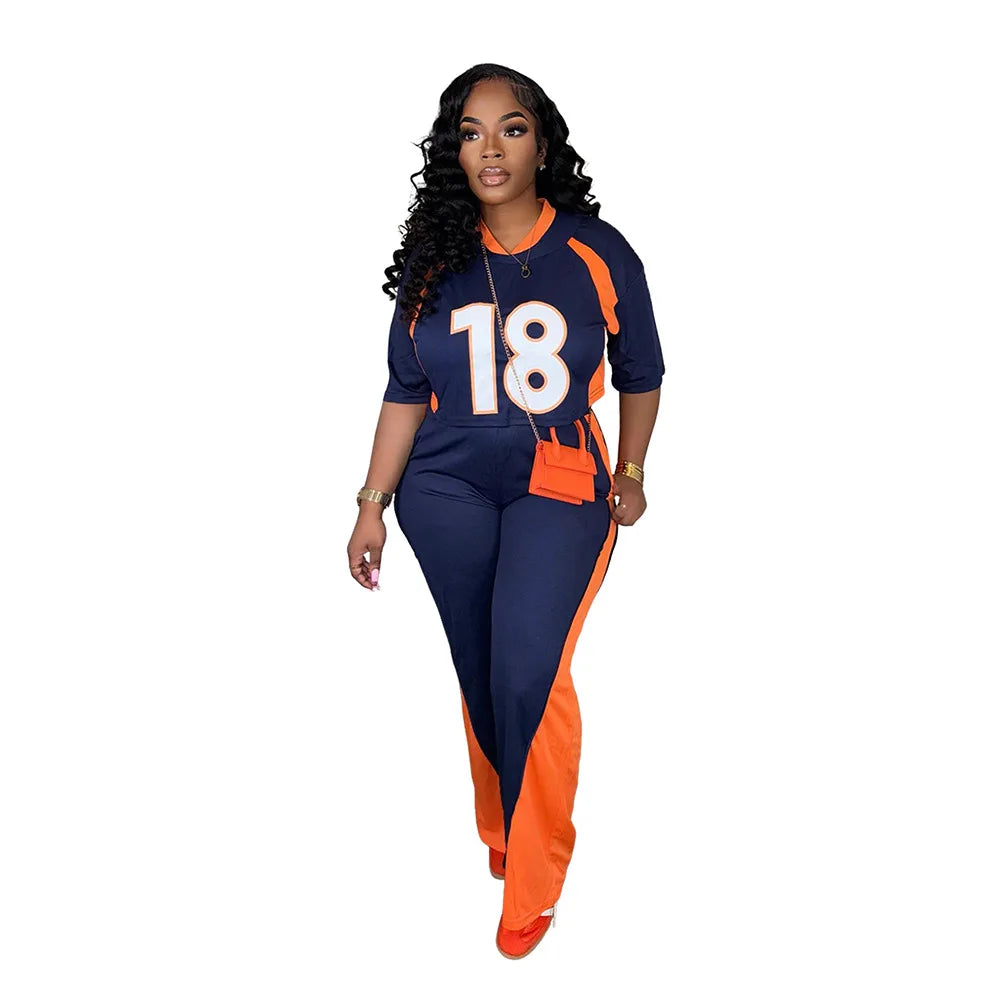 Contrast Color Jersey Tracksuit Set Women Streetwear Short Sleeve Sweatshirt Top and Pants Suit 2025 Chic 2 Piece Sets Outfits