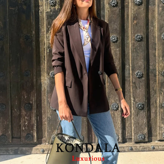 KONDALA Chic Brown Oversized Blazer Women V Neck Double Buttons Loose Blazer Jacket Fashion 2025 Fall Office Lady Casual Outwear