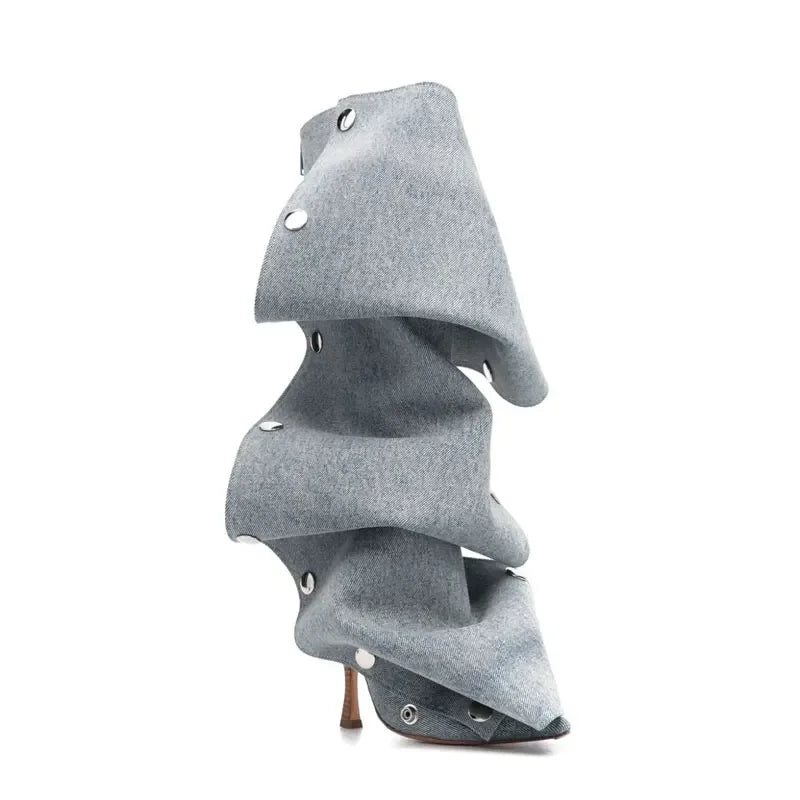 2024 Metal Buckle Detachable Denim Boots 10cm High Heel Boots 35-45 Internet Red Model Fashion Walking Red Carpet Thigh Boots