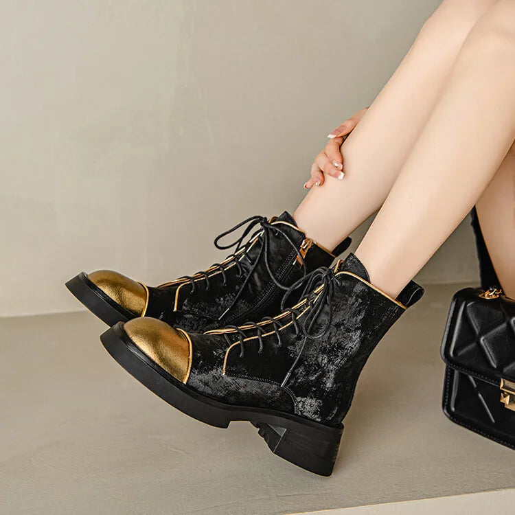NEW Autumn Women Boots Genuine Leather Shoes for Women Round Toe Chunky Heel Shoes Lace-up Platform Boots Black Ankle Boots