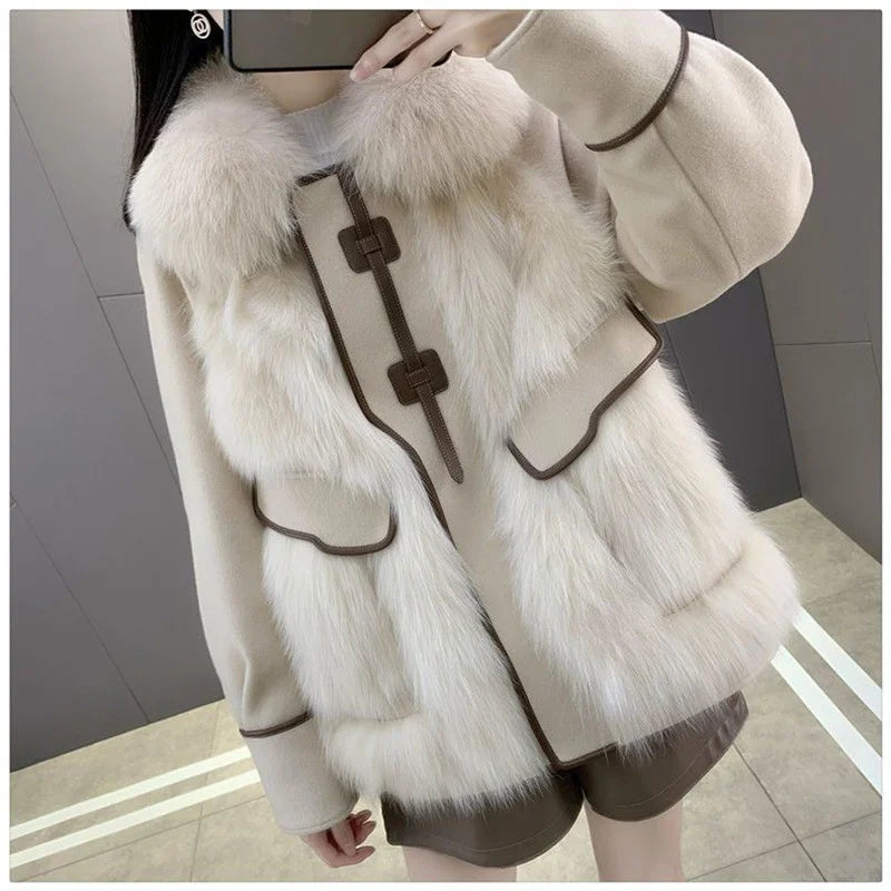 2023 New Autumn Winter with Fur Neighboring Fox Fur Grass Women's Coat Fashion Popular Down Cotton Coat Parker Coat Suede Trend