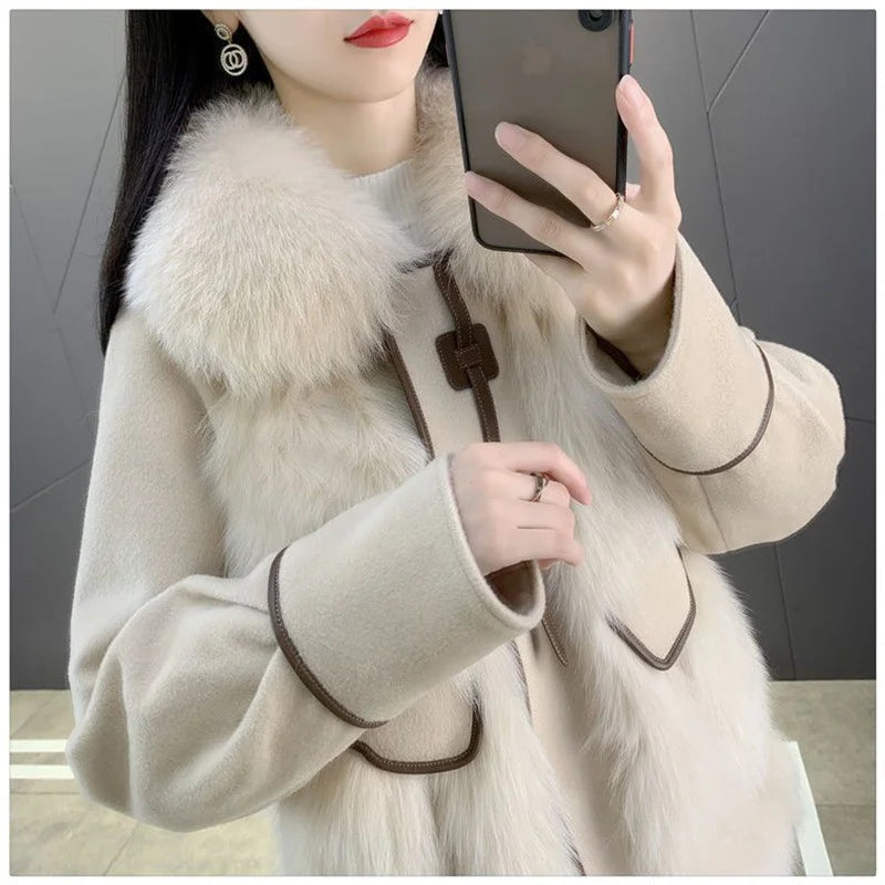2023 New Autumn Winter with Fur Neighboring Fox Fur Grass Women's Coat Fashion Popular Down Cotton Coat Parker Coat Suede Trend