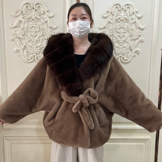 Artificial Imitation Mink Fur Fashionable Korean Style Loose Women's Hat Jacket Fur Coat