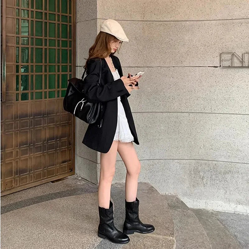 New Fashion Boots for Women Spring/Autumn Square Heel Female Mid-Calf Boots Ladies Slip-On Pointed Toe WESTERN Boots Women