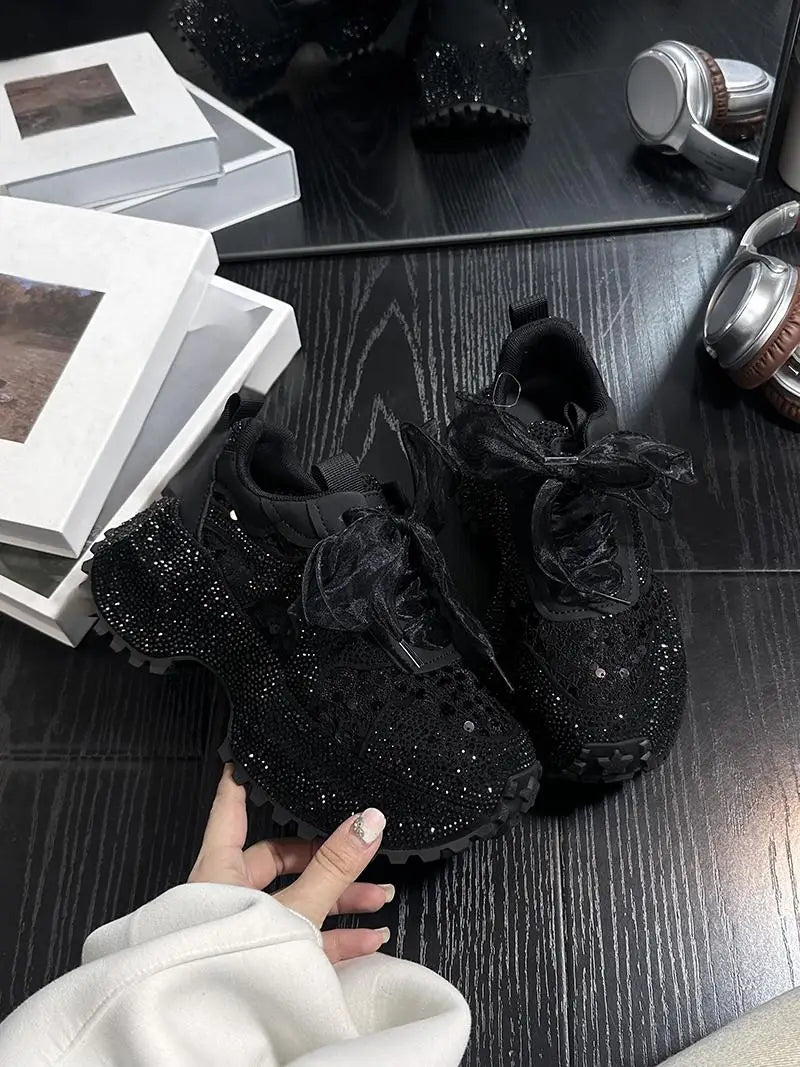 Leisure Sneakers Lace Up Breathable Platform Women Pumps High Heel Round Toe Solid Color Daily Diamonds Bowknot Comfortable