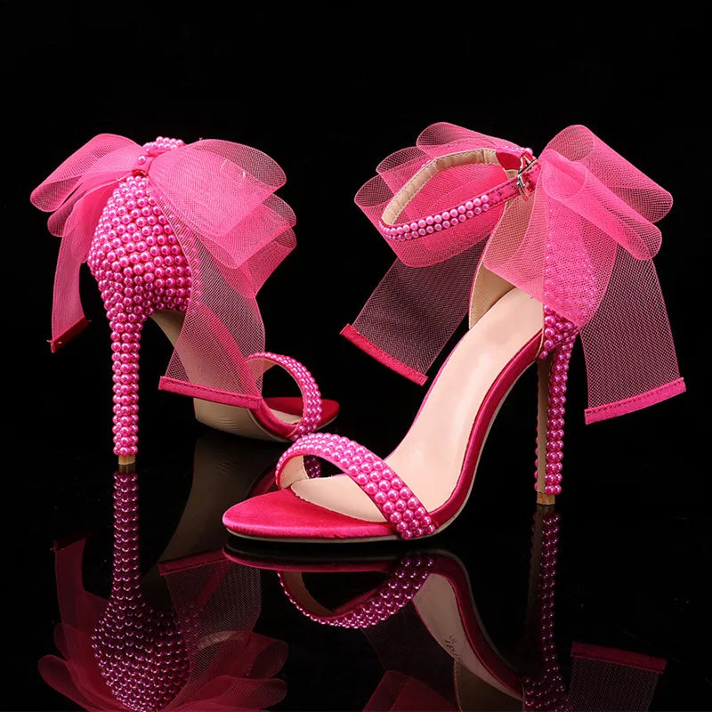 Summer New brand Fashion Bowknot Beading Women Gladiator Sandals Luxury Pearls White thin High heels Wedding Bridal Party Shoes