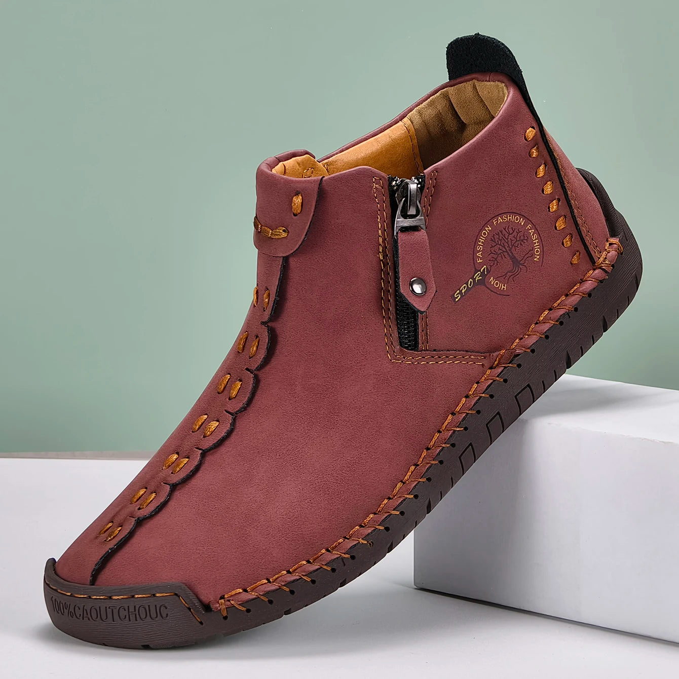 New Classic Handmade Leather Men Shoes Zipper Design Outdoor Sneakers Slip On Casual Shoes Leather Breathable Men Ankle Boots