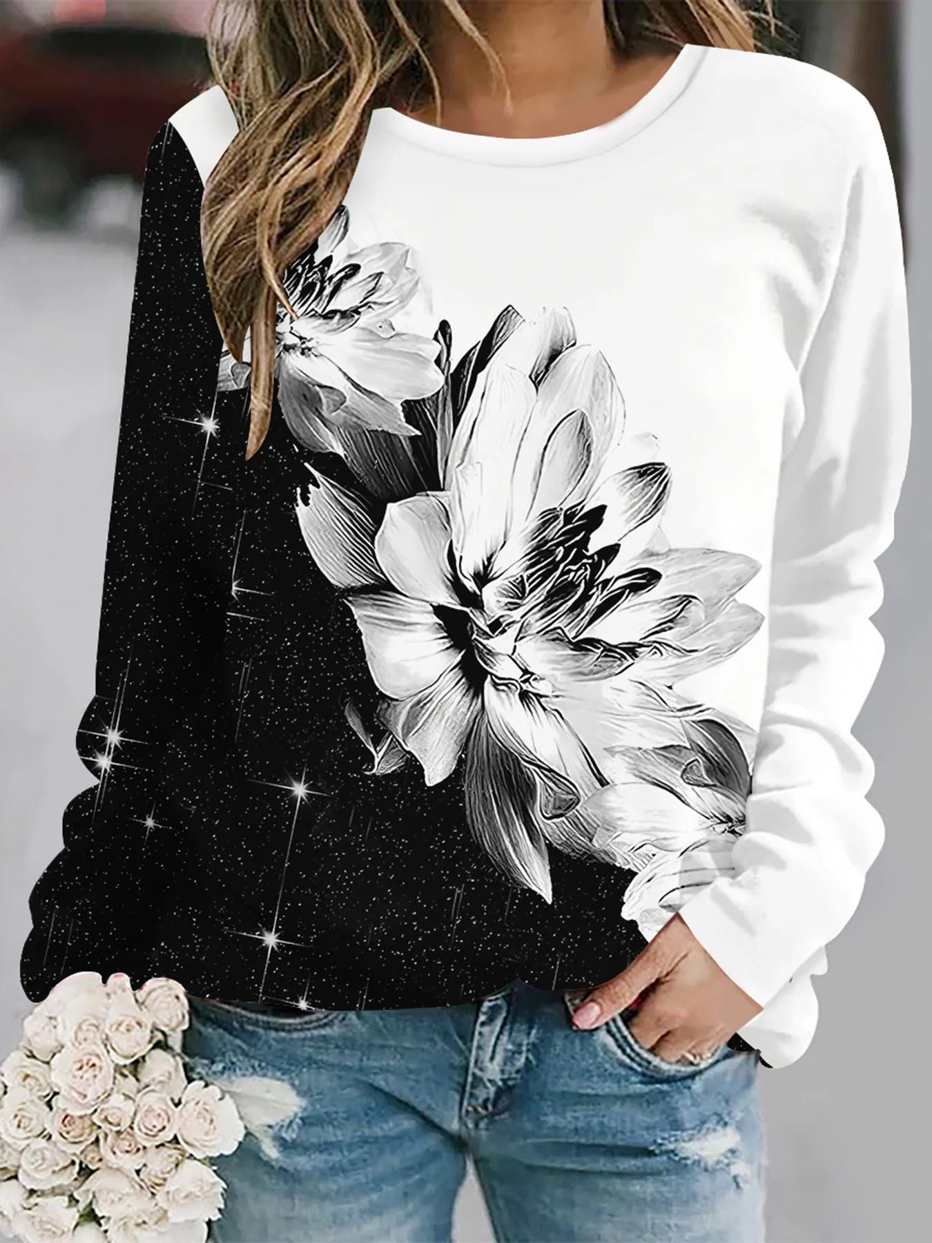 2025  Autumn and winter new fashion round neck long sleeve printed elegant casual loose hoodie