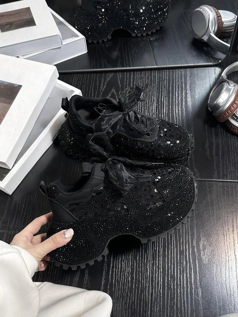 Leisure Sneakers Lace Up Breathable Platform Women Pumps High Heel Round Toe Solid Color Daily Diamonds Bowknot Comfortable
