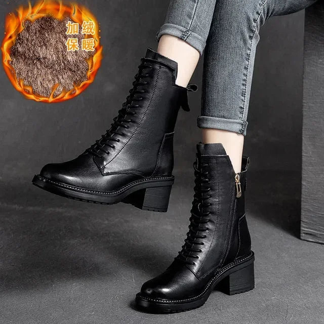 Careaymade 2025 Cow Leather Quality Women Shoes Autumn Winter Square Med Heel Ankle Boots Lace Up Zipper Ladies Pumps Size 35-40