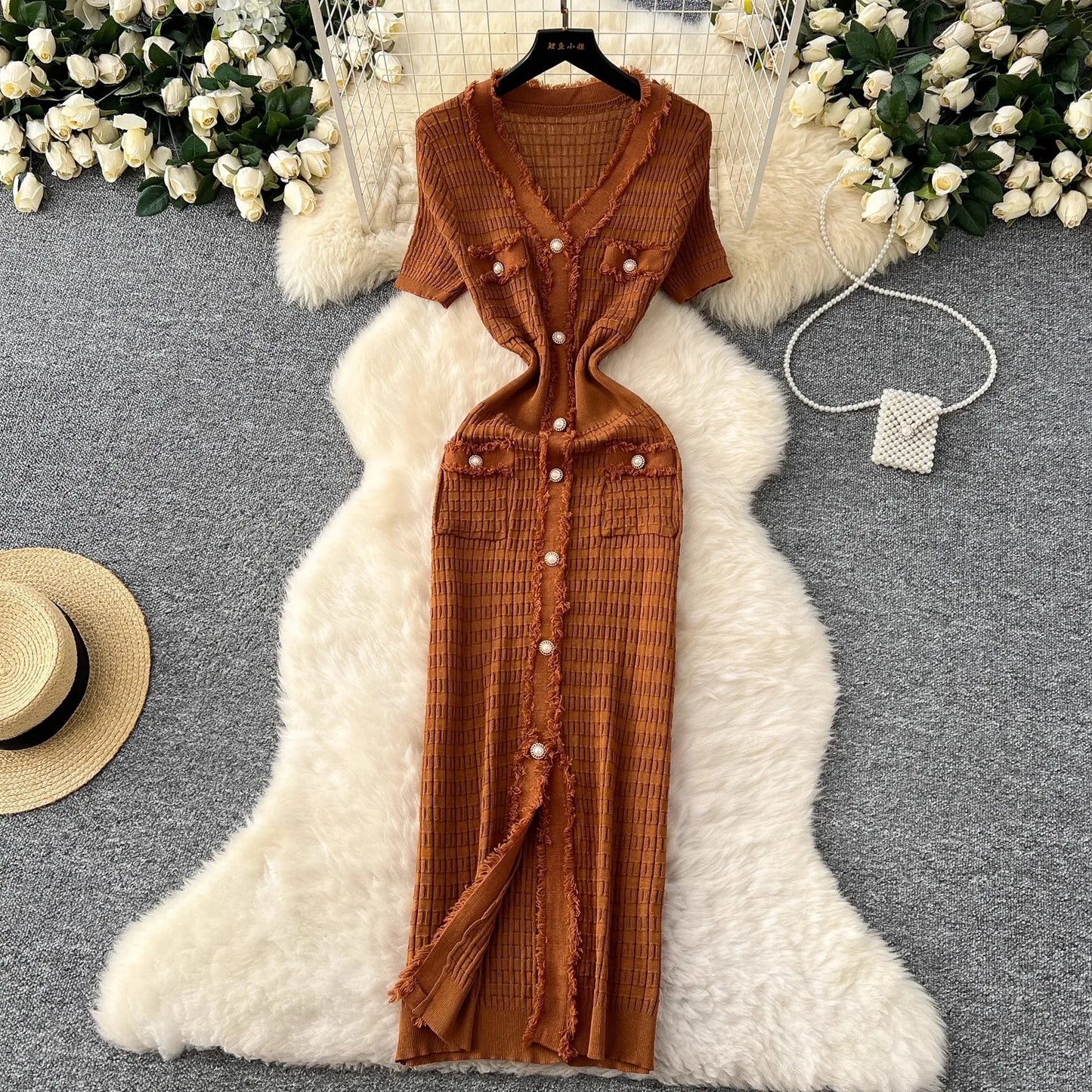 YuooMuoo Women Dress Elegant V-neck Slim Waist Wrap Hips Bodycon Sweater Dress Chic Single-breasted Office Lady Long Shirt Dress