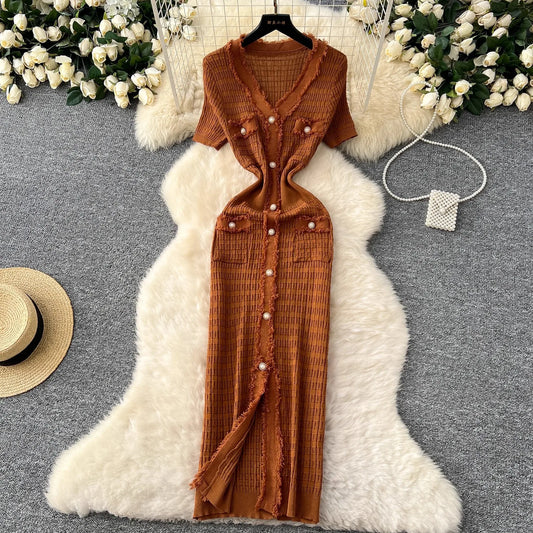 YuooMuoo Women Dress Elegant V-neck Slim Waist Wrap Hips Bodycon Sweater Dress Chic Single-breasted Office Lady Long Shirt Dress