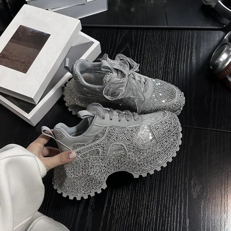Leisure Sneakers Lace Up Breathable Platform Women Pumps High Heel Round Toe Solid Color Daily Diamonds Bowknot Comfortable
