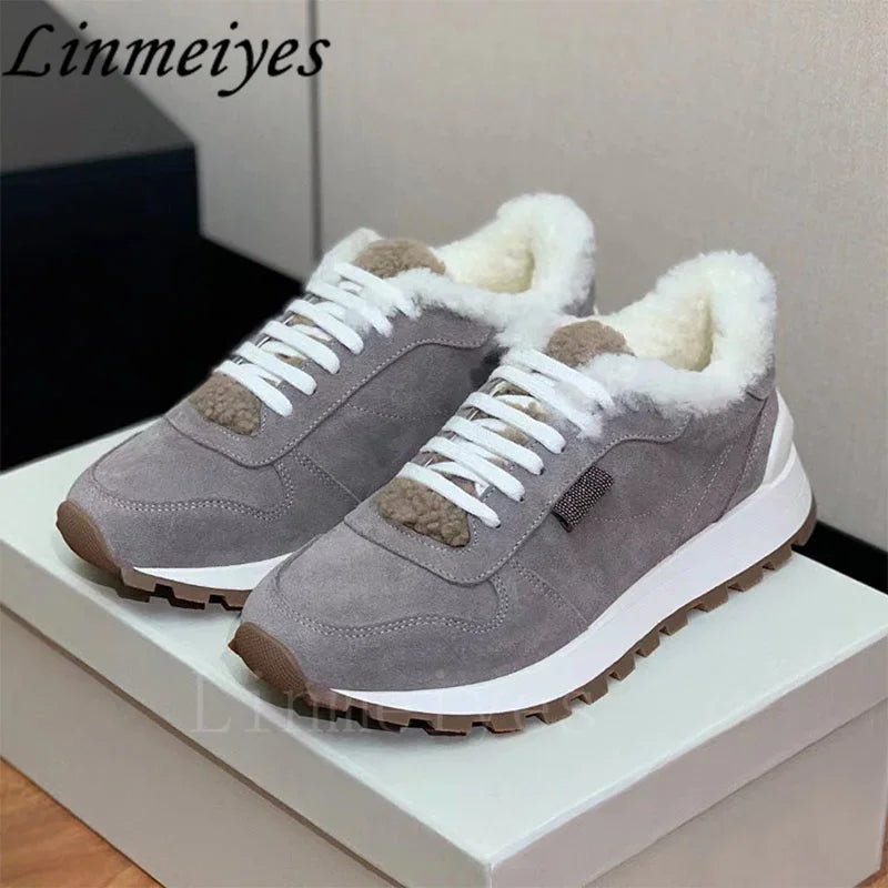 Casual Fur Sneakers Women Outdoors Run Shoes Round Toe Lace Up String Bead Flat Shoes Female Winter Wool Warm Sports Shoes Woman