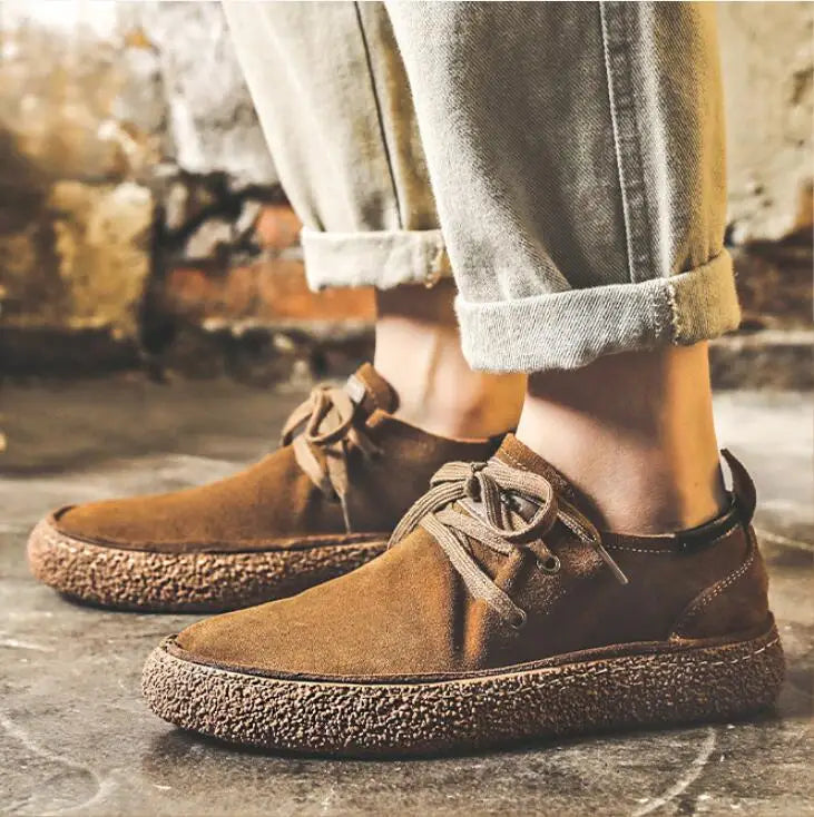 Men's Lace-up Casual Shoes Suede Genuine Leather Men Comfortable Driving Flats Mens Wear-resisting Non-slip Retro Desert Shoes