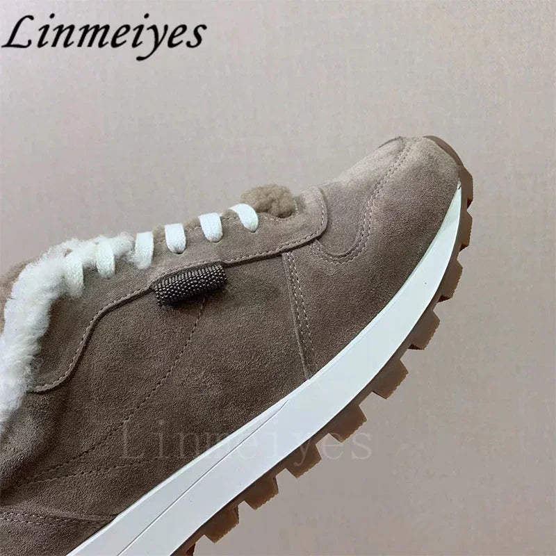 Casual Fur Sneakers Women Outdoors Run Shoes Round Toe Lace Up String Bead Flat Shoes Female Winter Wool Warm Sports Shoes Woman