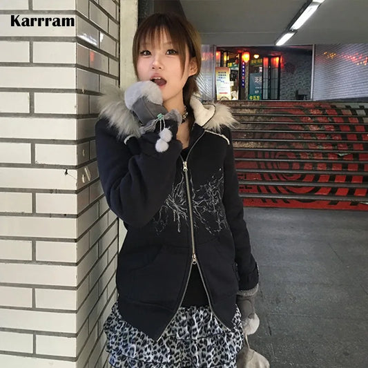 Karrram Japanese Y2k Fur Hooded Coat Grunge Aesthetics Tattoo Print Jacket Vintage Harajuku Double Zipper Outerwear Trashy 2000s
