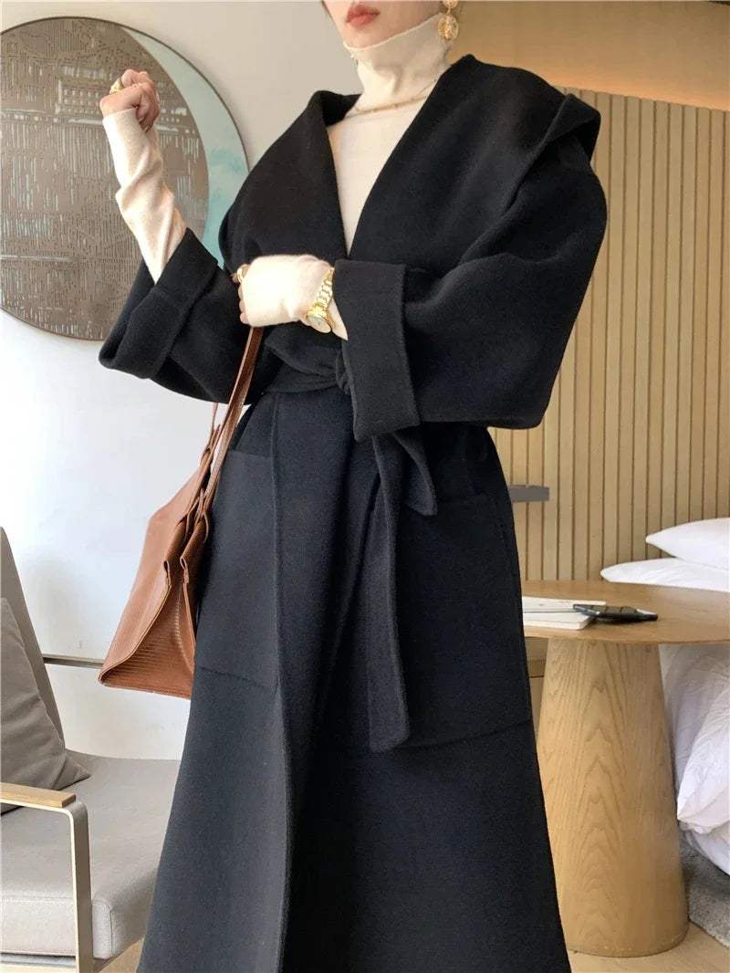 2024 Mid-Length Autumn and Winter Hooded Double Sided Cotton Cashmere Coat Female 100% Wool Loose Thick Woolen Coat