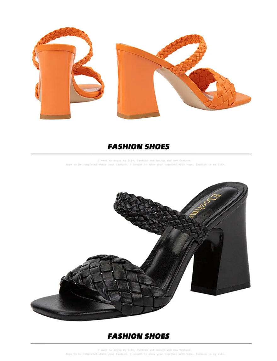 Fashion Weave Thick Heel Women's Slippers Square Toe Summer Casual Ladies Slides Red Orange Shoes Slip On Beach Sexy Pumps Woman