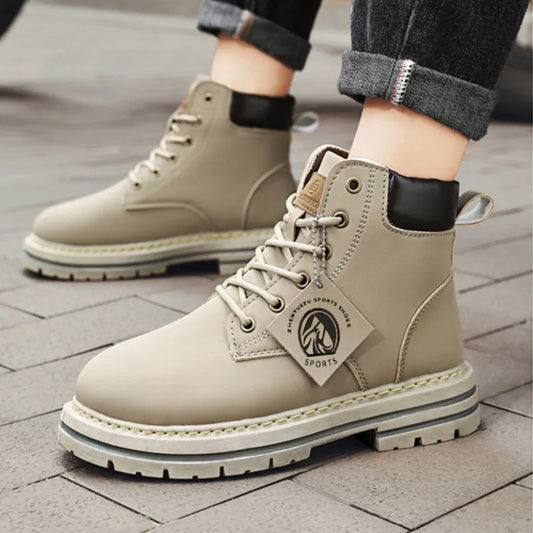 2025*High Top Boots Men's Leather Shoes Fashion Motorcycle Ankle Boots for Men Winter Boots Man Shoes Lace-Up Botas Hombre