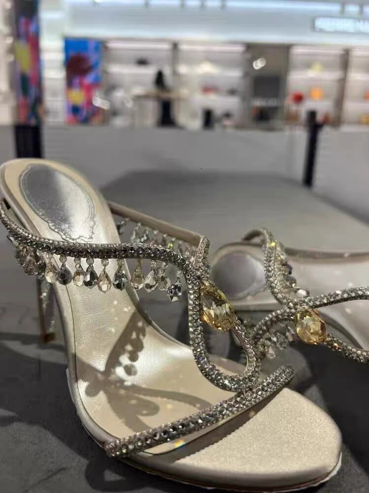 Rhinestone One-word Strap High Heels Slippers Women's 2025 New Summer Sandals Thin Heels Cool Slippers