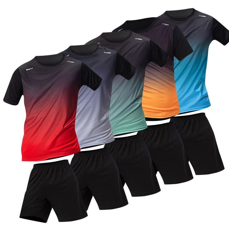 1/2/4/6-piece Men's Seasonal Sports Style Gradient Quick Drying Multi-color Short Sleeved Top Casual Running Black Shorts Set