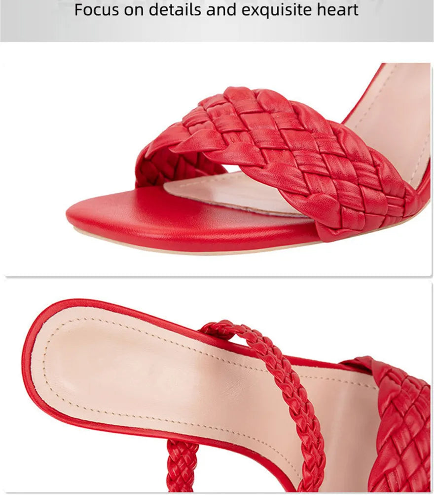 Fashion Weave Thick Heel Women's Slippers Square Toe Summer Casual Ladies Slides Red Orange Shoes Slip On Beach Sexy Pumps Woman