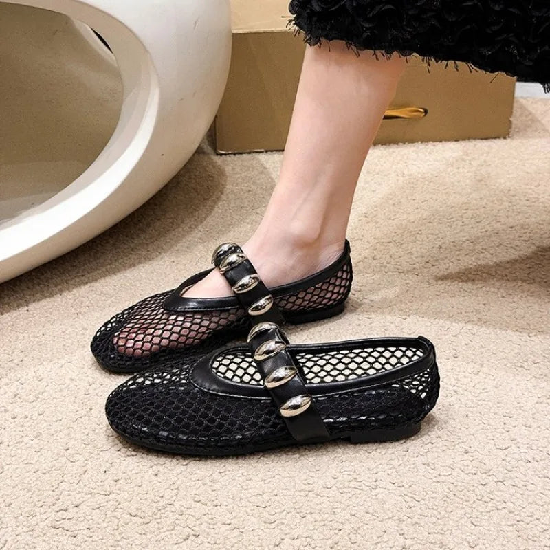 Spring New Flat Shoes Women Fashion Round Head Shallow Mouth Mesh Cloth Breathable Metal Buckle Soft Sole Single Shoes