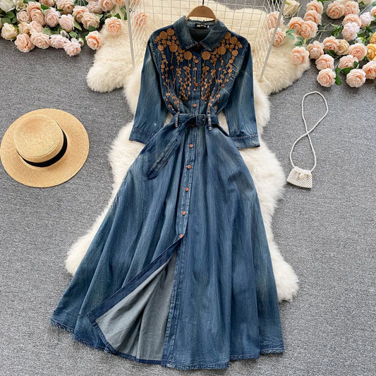 AYUALIN Denim Long Dress for Women Ethnic Floral Embroidery Boho A-line Casual Summer Vestidos Lapel Long Sleeve Dresses Lady