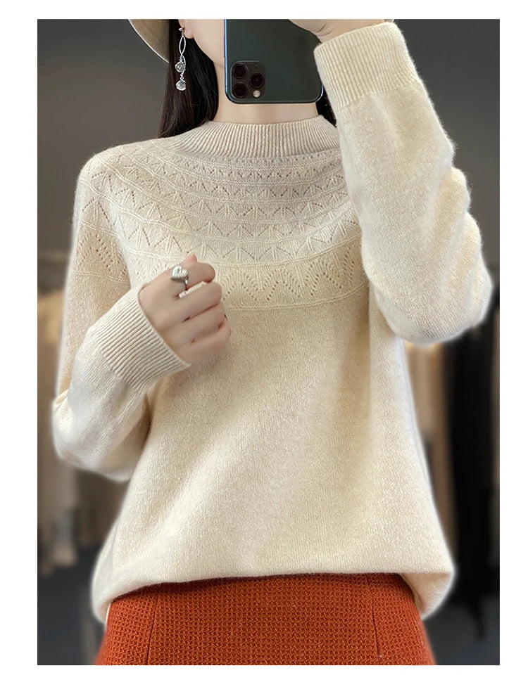 2024 New Line Of Garment Hollowed Out Half Height Women's High-grade Woolen Sweater 100% Pure Wool Multi-color Option WQ