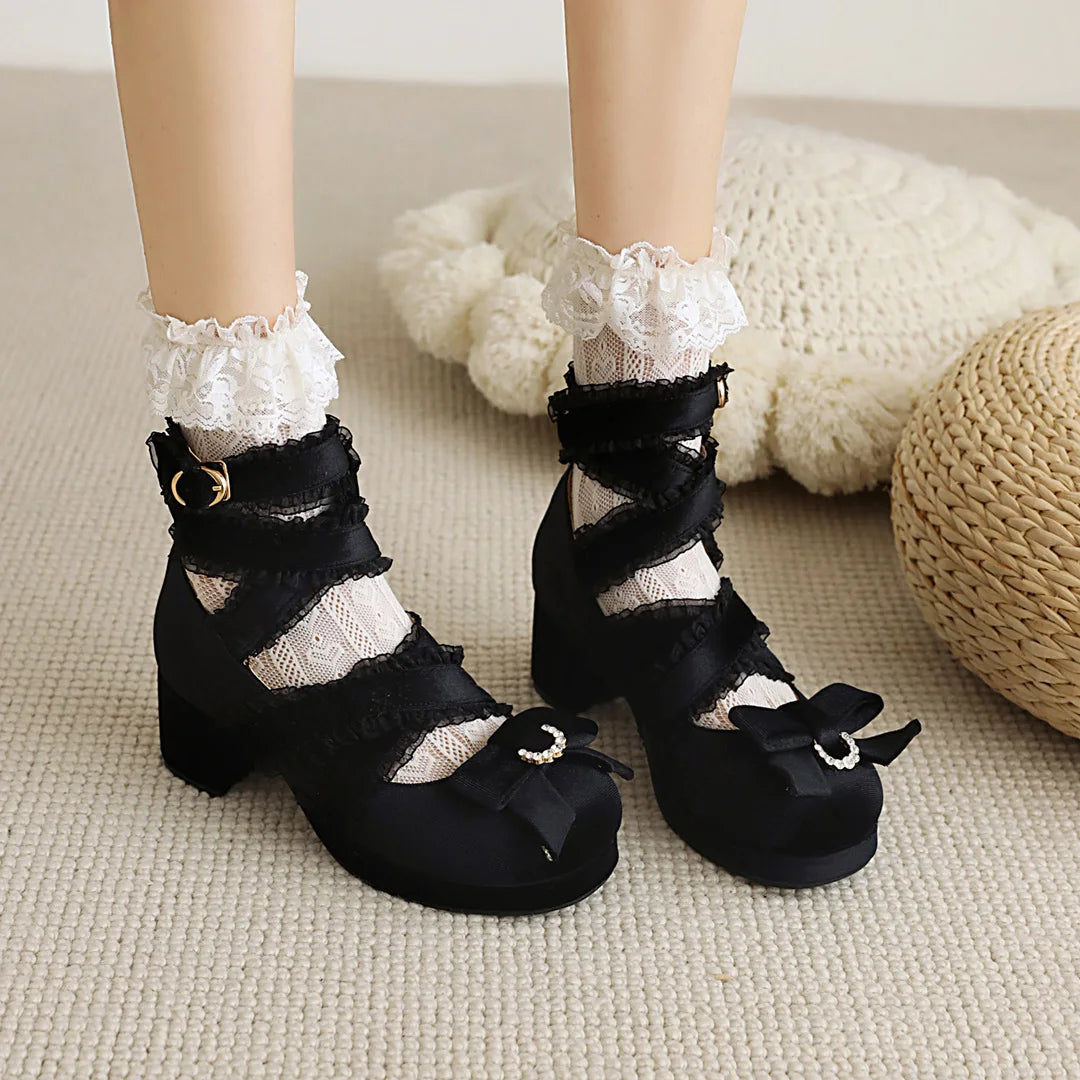 JK Fairy Lolita Shoes Flock Gold Velvet Bow Platform Mary Jane Cross Strap Pumps Gladiator Cosplay Party Red Green Black
