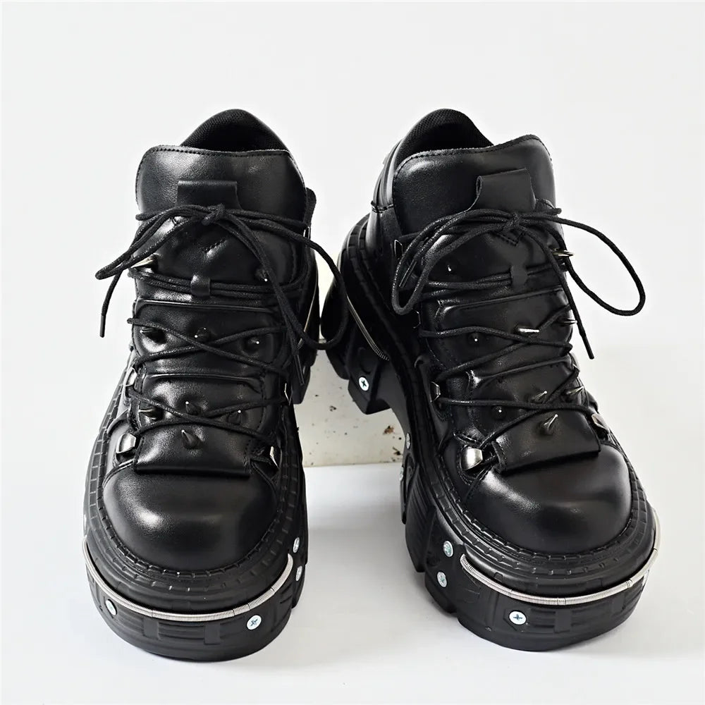 Punk Women Lace-Up Ankle Botas Mujer 2025 Rivet Metal Decoration Round Toe Thick Bottom Boots Woman Nightclub Rock Platform Shoe