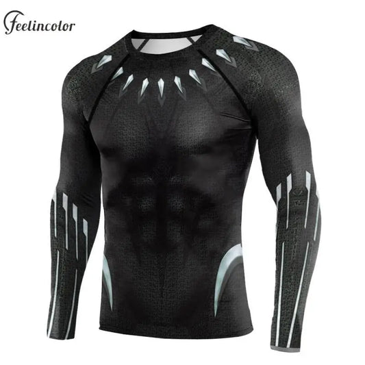 Halloween Superhero Cosplay T-Shirt for Men Panther Printed Long Sleeve Compression Shirt Breathable Male Outdoor Sportwear