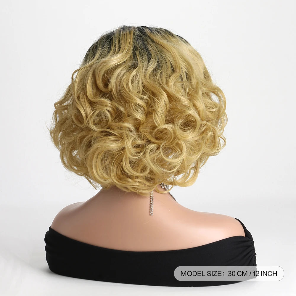 12 Inch Natural Synthetic Wigs for Women Short Black Gradient Gold Wig Heat Resistant Hair For Daily Use Festival Ball Halloween