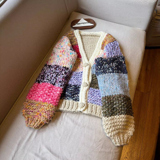 2025 Early Spring Handmade Chunky Knit Patchwork Plaid Cardigan Button Front Vintage Loose Knit Sweater Jacket for Women