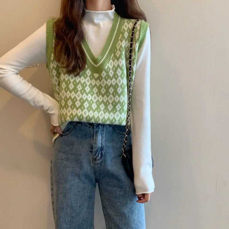 Women Sweater Vest Spring Autumn Fashion Female Casual Loose V-neck Knitted Waistcoat Sleeveless Sweater Pullover Tops Knit Vest
