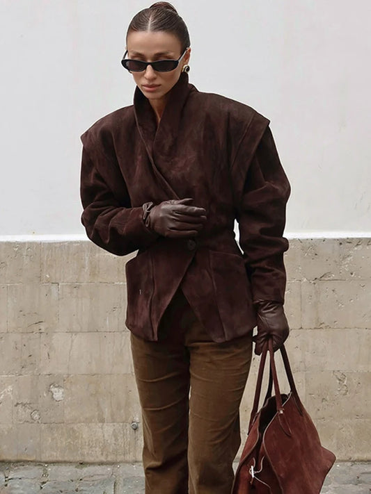 Talenza Vintage Brown Suede Jacket Women Fashion Solid V Neck Long Sleeve Pocket Lapel Single Button Coat Fashion Street Outwear
