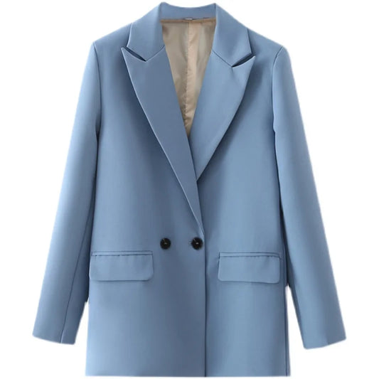 New Women's Double-Breasted Suit Jaet Casual Top 2 Colors Commute Sle Straight Cut Polyester Long Sve Pure Color