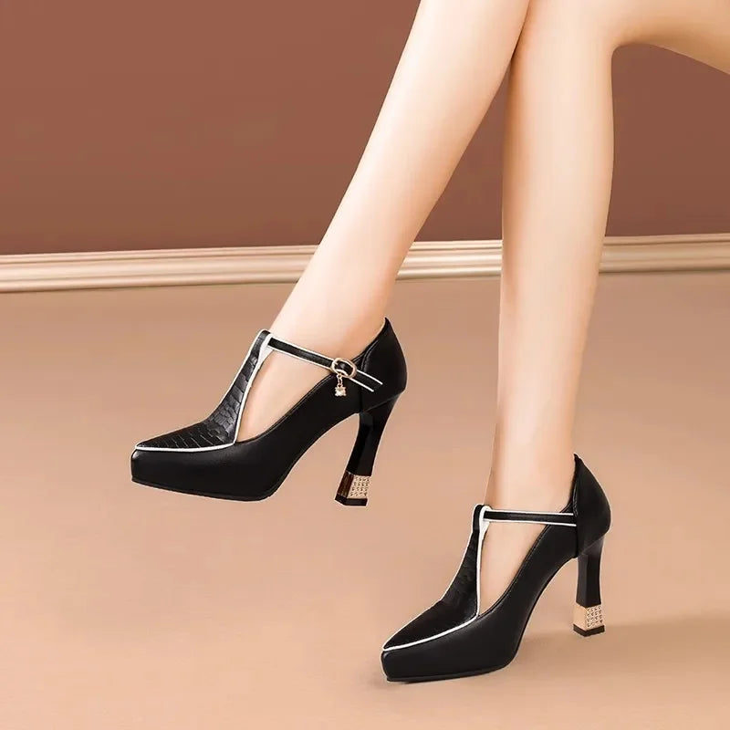 2024 Spring Vintage Fashion Women's Pointed Toe Shallow Sole One-Piece Buckle Mary Sandals High Heels Polyurethane Leather