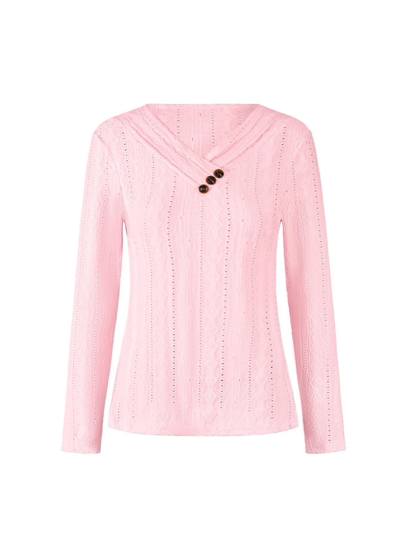 Women's Autumn Winter Fashion Button Light Pink Long Sleeve V Neck T-Shirt